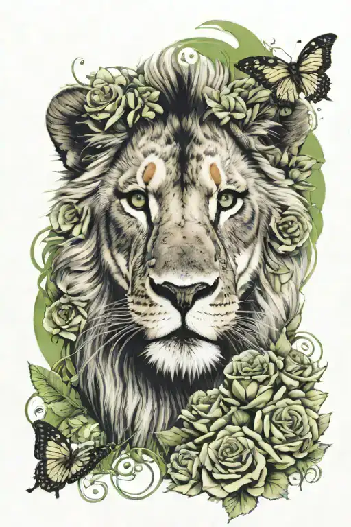 Lion Face Surrounded By Roses And Butterflies Green Eyes