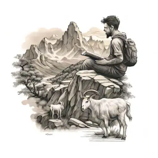 A Student Studying In A Serene Mountain Landscape With A Goat Companion