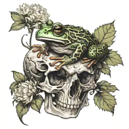 Frog Sitting On A Skull That Is Surrounded By Chrysanthemums