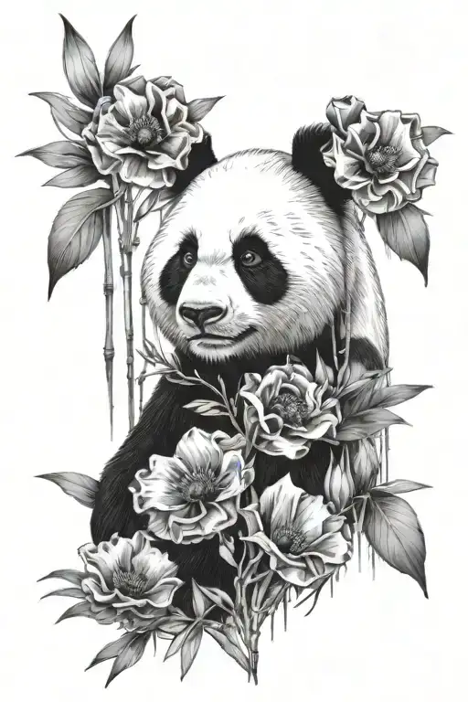 Upper Body Fading Panda With Red Poppy Black And White Bamboo Forest Background