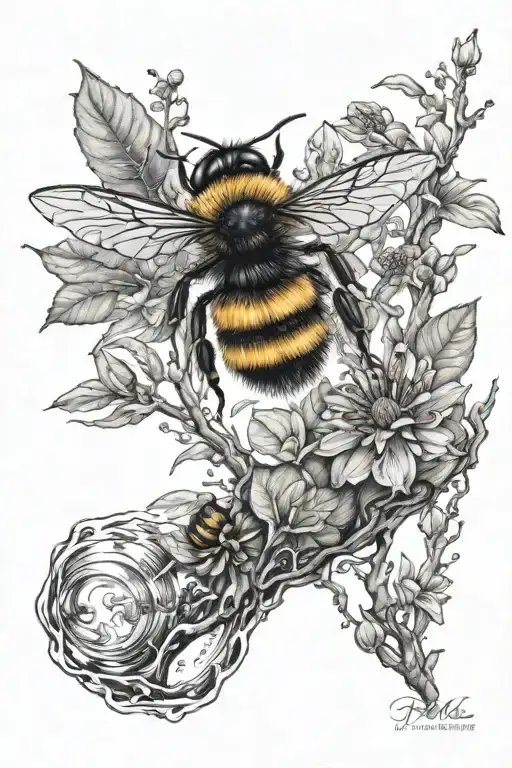 Brook Of Water With Deep Rooted Tree And Bumblebee