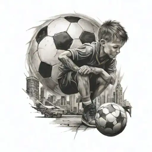 Little Boy Holding Soccer Ball Looking Towards Big City