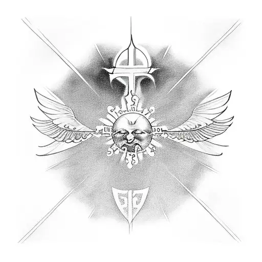 Cross With Bird Wings And A Sun Above The Cross