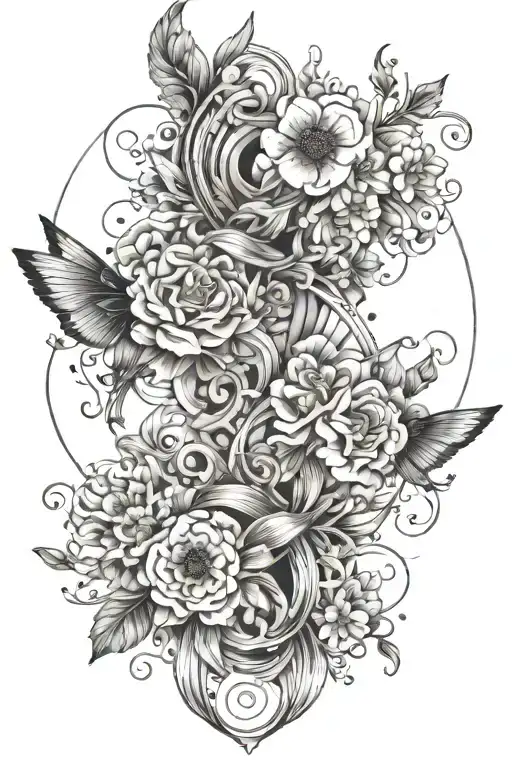 Gemini Tattoo With Flowers And Abstraction Elements