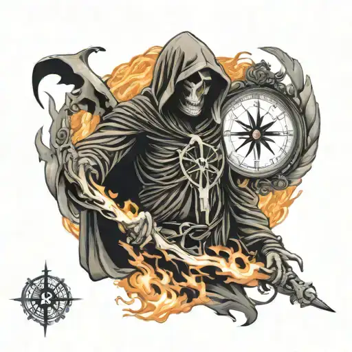 Grim Reaper Surrounded By Flames With Greek Compass Left Arm Sleeve