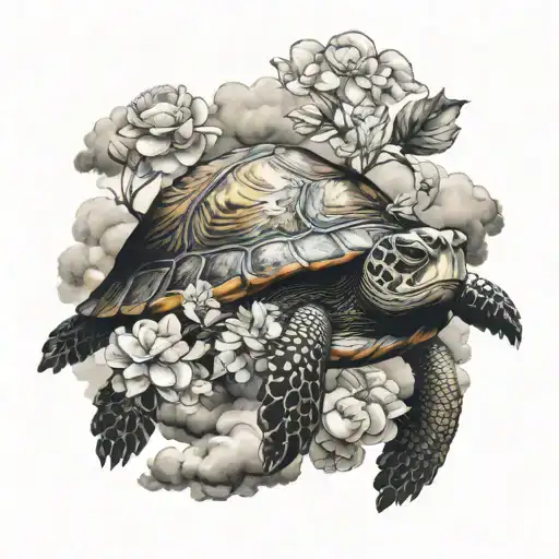 Turtle With Flowers In The Clouds Jumping In The Clouds