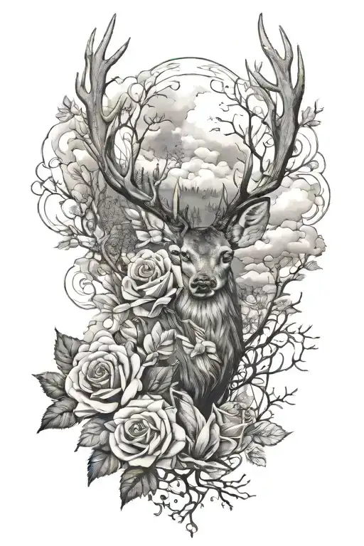 A Single Rose In The Woods With Deers In The Background And Heavenly Clouds