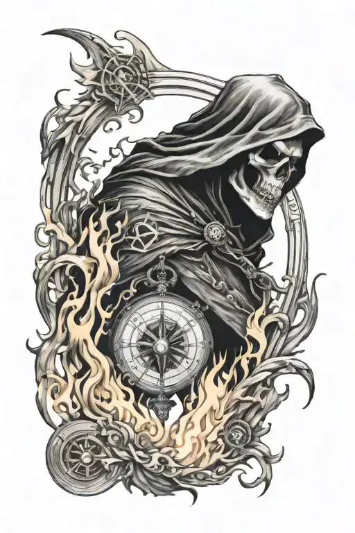 Grim Reaper Head Surrounded By Flames And Wolf With Greek Compass Left Arm Sleeve