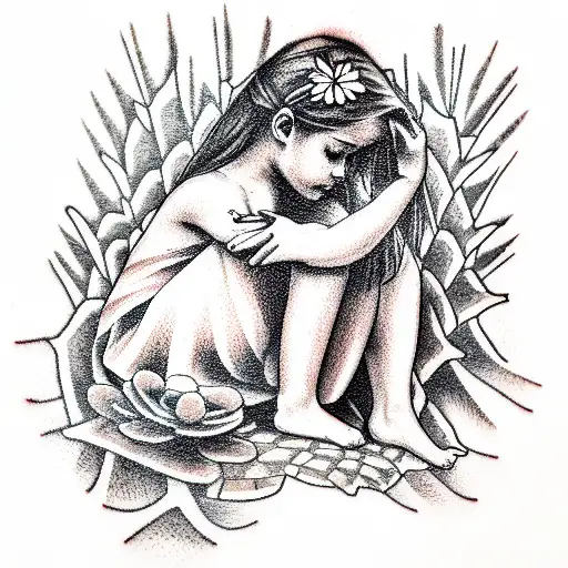 A Girl Sitting On A Pinecone Looking Down To The Water