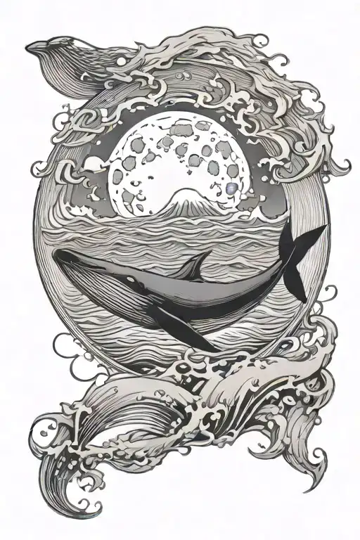 Moon In Center With Waves Circling Around It With A Whale