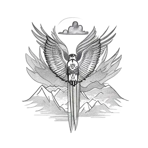 Hawk With Palm Tree And Mountains