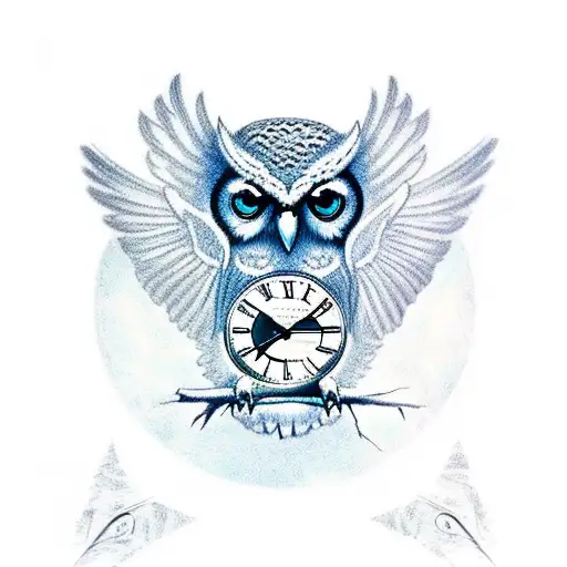 Owl With Outstretched Wings And A Clock On Its Legs