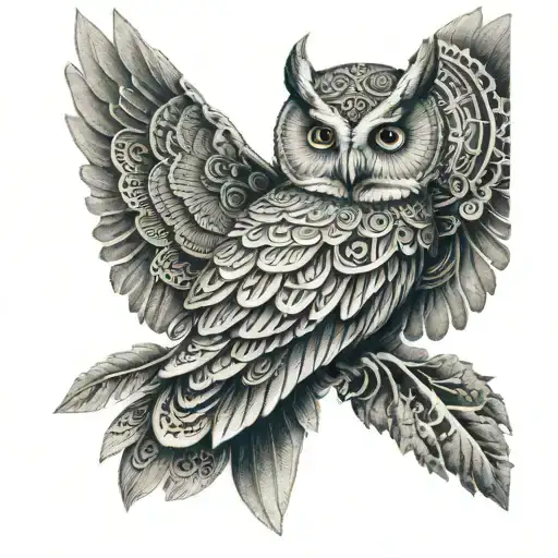 Owl With Open Wings And Mandalas Background
