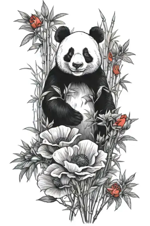 Realistic Upper Body Fading Panda With Red Poppy Black And White Bamboo Forest Background