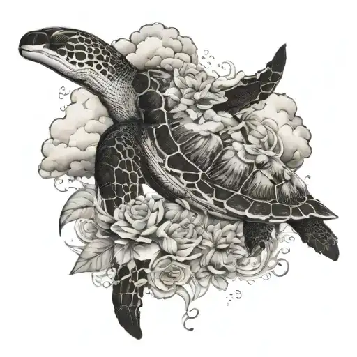 Turtle With Flowers With Killer Whale In The Clouds Jumping In The Clouds Above The Turtles