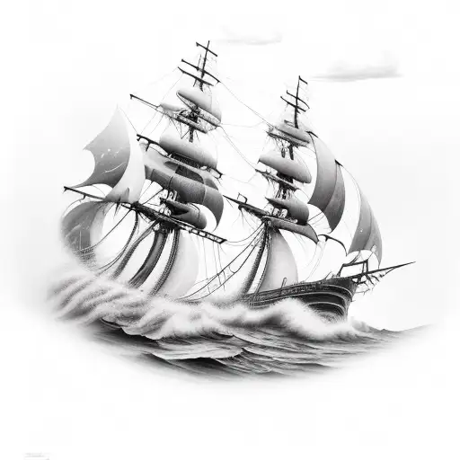 A Realistic Depiction Of A Wooden Ship Battling Fierce Waves And Dark Storm Clouds