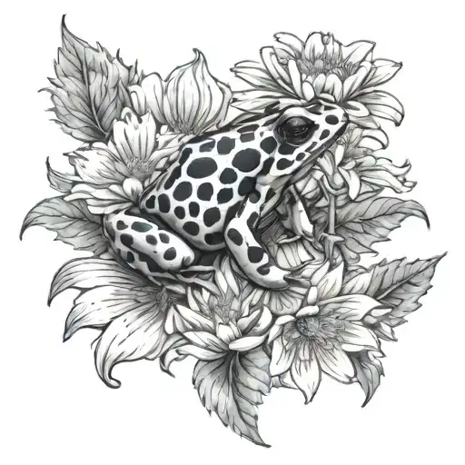 Poison Dart Frog Sitting On A Skull That Is Surrounded By Chrysanthemums