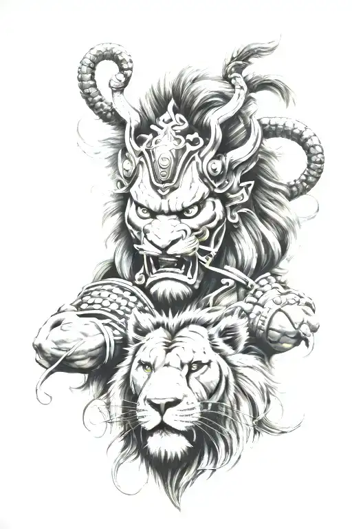 Samurai And Roaring Lion's Head