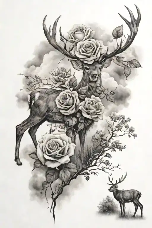 A Rose In The Woods With Deers In The Background And Heavenly Clouds
