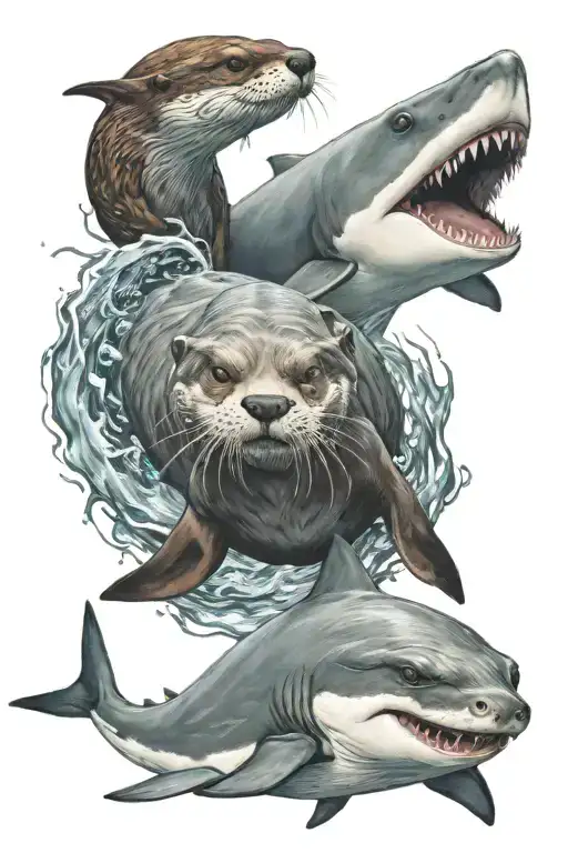 Otter And Shark Swimming Together