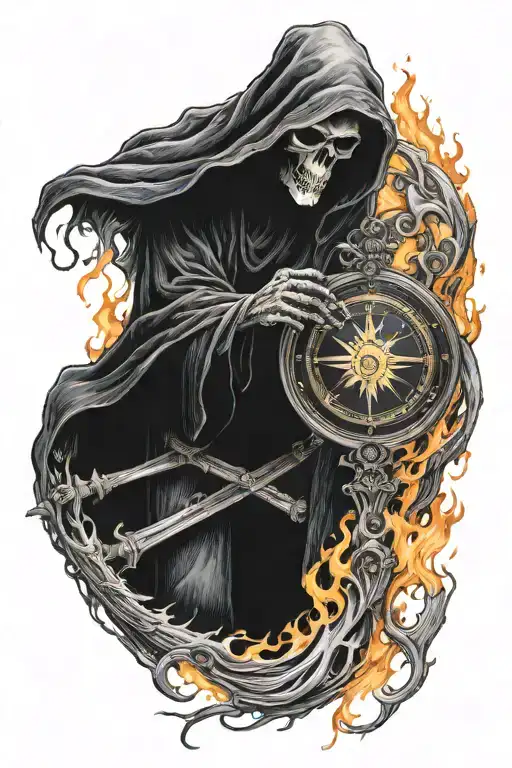 Grim Reaper Surrounded By Flames With Greek Compass Left Arm Sleeve