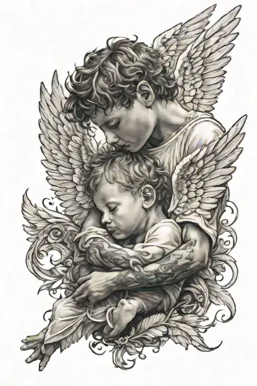An Angel Wraps His Wings Around A Little Boy