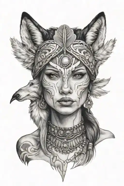 Front View Of Woman's Face Wearing A Wolf Headress