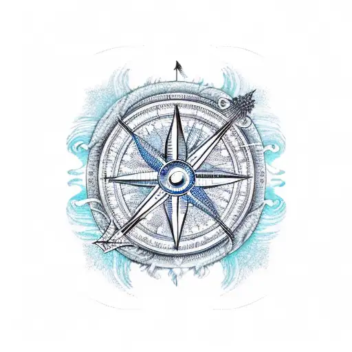 Ocean Waves With The Three Sisters Mountains And A Stylized Compass