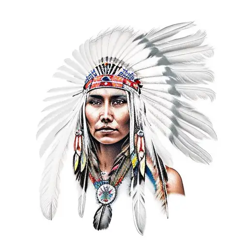 Native American Woman With A Wavy Feather Headress And War Paint In The Shape Of A Cross