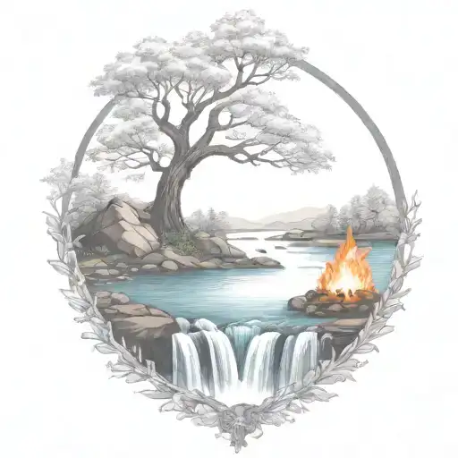 A River With A Campfire And A Rowan Tree On Either Side Of It Waterfalls Down The Front
