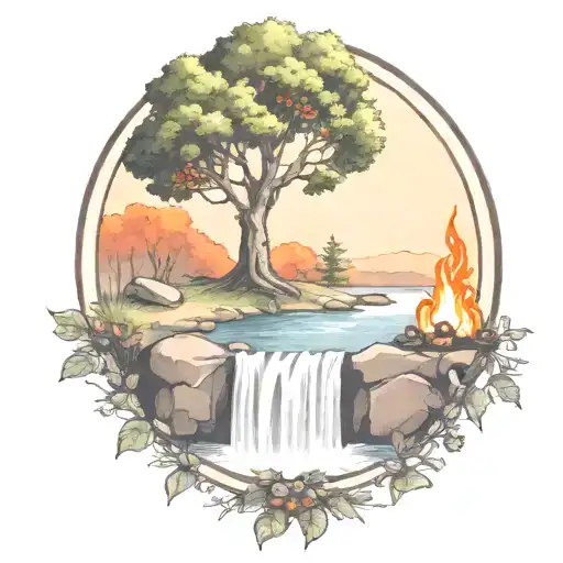 A Rowan Berry Tree And A Campfire Beside A River Waterfalling Down The Front