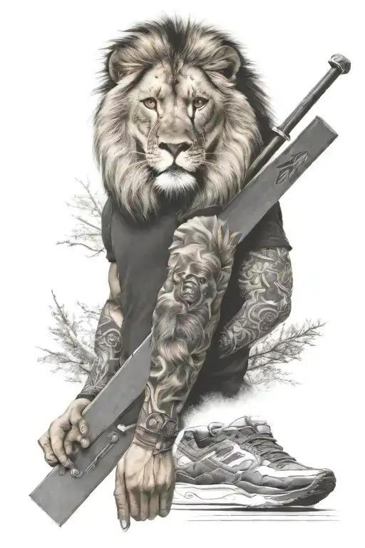 Forearm Tattoo With Lion On Front And A Guy With Ski Masks On Back