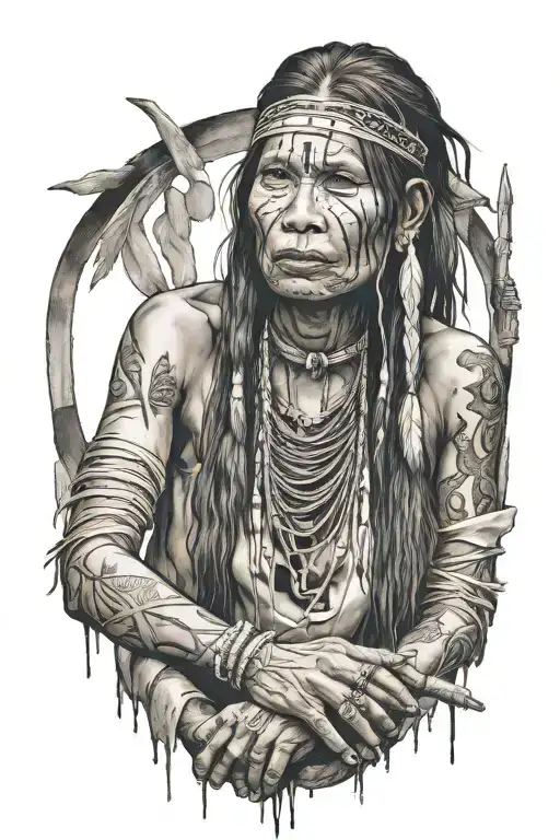 Beautiful Sexy Native American Woman Prisoner Totem Tied By Hands And Feet Torn And Damaged Clothes