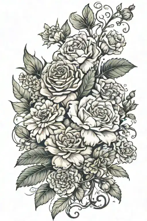 Floral Piece With Roses Marigolds Daisies And Carnations Intertwined With Vines And Leaves