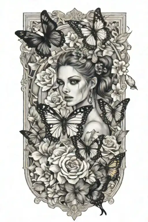 Strength Tarot Card Black Queen Butterflies Flowers Surround It