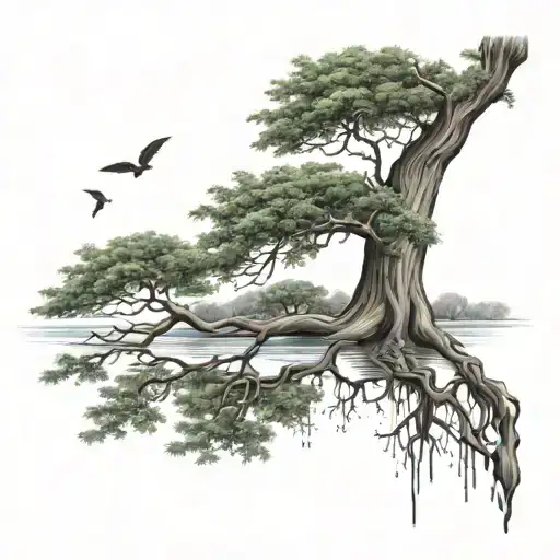 Big Tree With Water Replacing The Leaves Growing