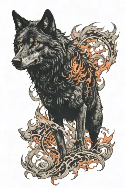 Black Wolf With Red Eyes And Flames Around