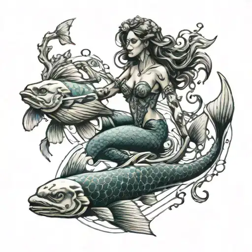 Skelton Mermaid With Fishes Swimming