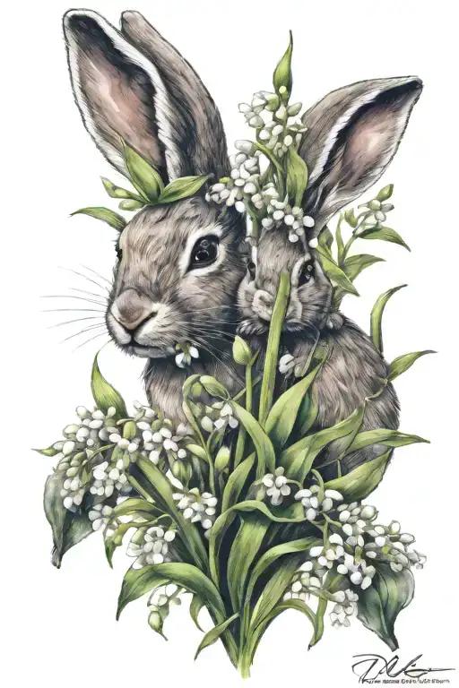 Mother Bunny And Baby Bunny In A Field Of Lily Of The Valley Flowers