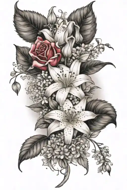 Rose Lily Of The Valley And Aster Tattoo With Forget Me Nots