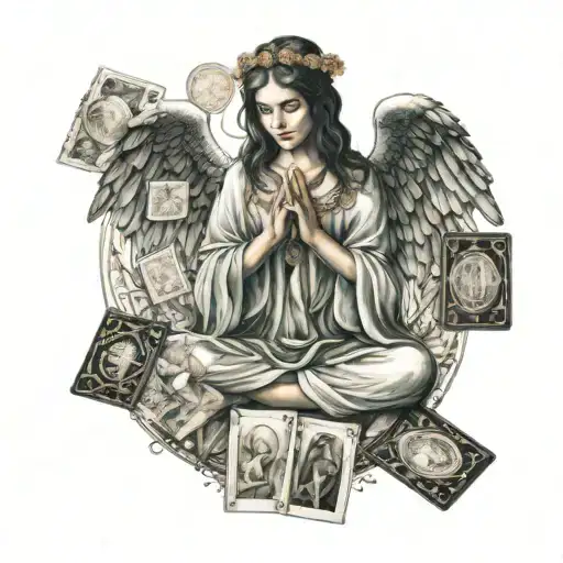 An Ethereal Angel Surrounded By Mystical Tarot Cards In A Meditation Pose