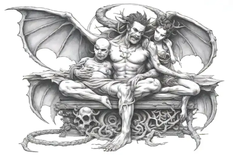 Satan And Buddha As A Loving Couple With Tree Of Life And Succubus Nearby