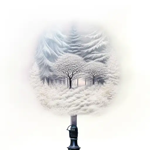 Realistic Depiction Of A Serene Forest With A Central Lamppost And A Majestic White Deer