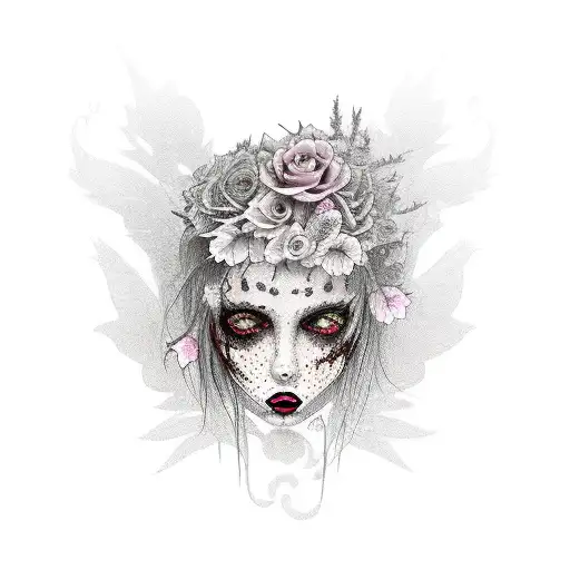 Goth Girl Stare With Dead Flowers Coming Out Of Her Head