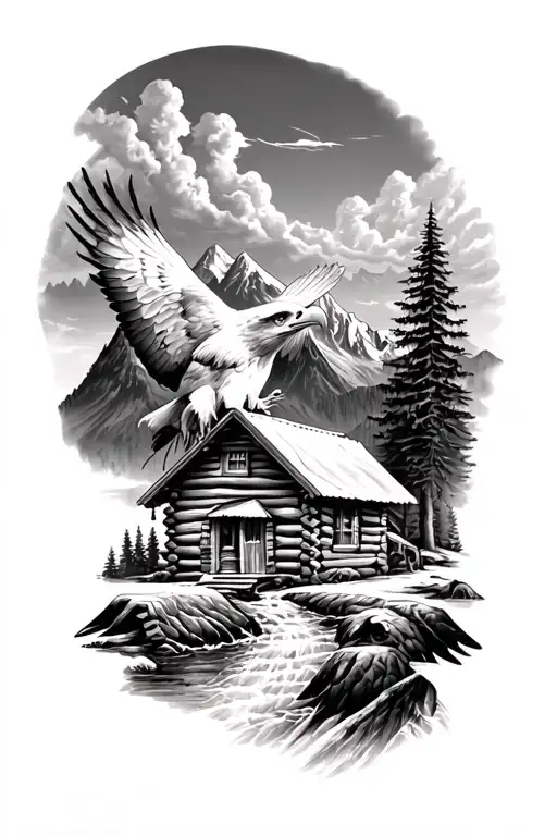 Mountain Scene Creek Log Cabin Bald Eagle Clouds