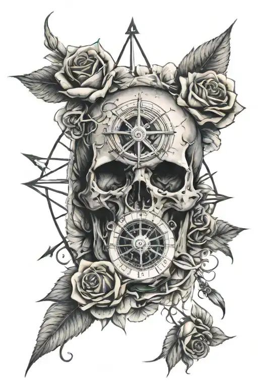 Dark Skull With Roses And Compass Surrounded