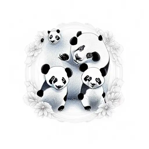 Panda Family With Flowers