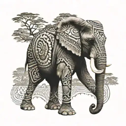 An Elephant Adorned With Tribal Patterns And African Landscape In The Background