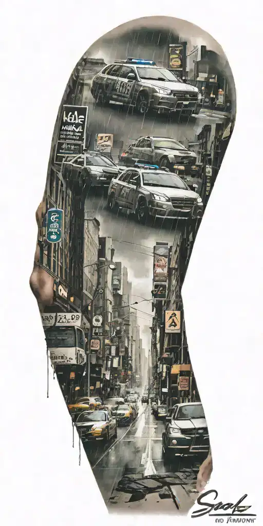 Rainy Cityscape With Soace Battle Above And Hiwlers Logo Included