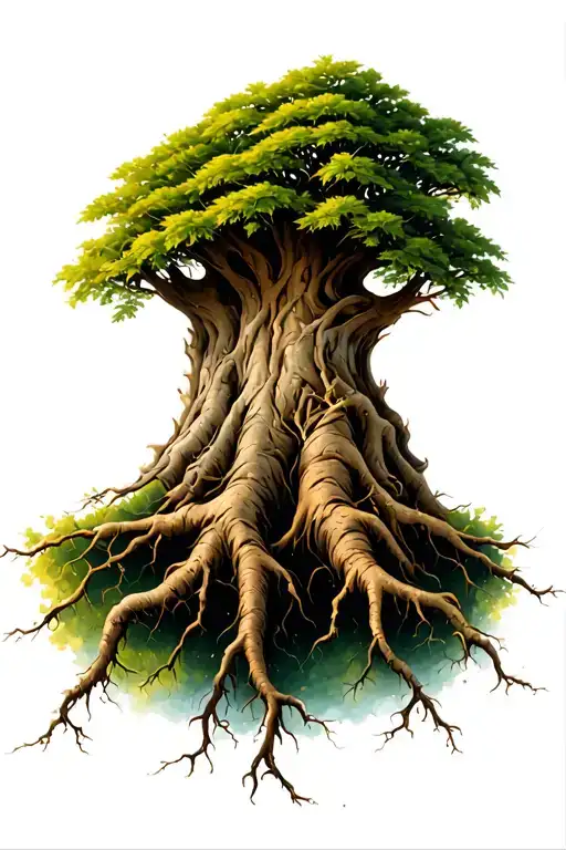 Ash Tree With Leaves Growing Three Roots Reaching Deep